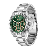 A silver stainless steel wrist watch with a green dial and three subdials, featuring the BOSS logo on the face, set against a plain white background.