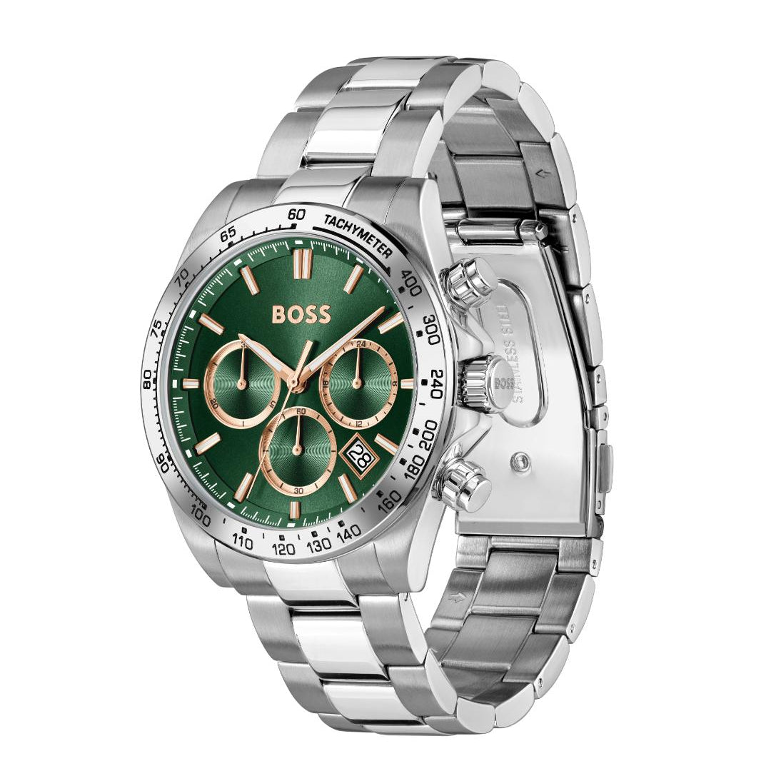 A silver stainless steel wrist watch with a green dial and three subdials, featuring the BOSS logo on the face, set against a plain white background.