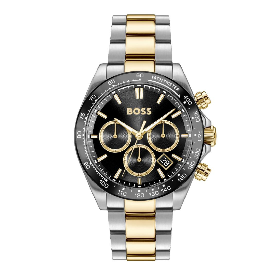 A BOSS two-tone stainless steel and gold chronograph watch with a black dial, shown on a clean white background.