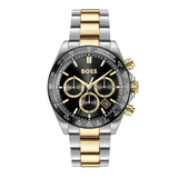 A BOSS two-tone stainless steel and gold chronograph watch with a black dial, shown on a clean white background.