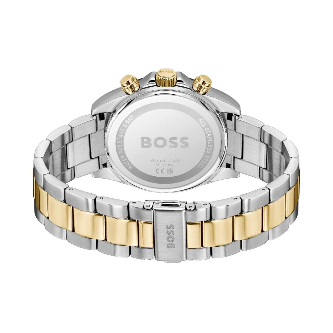A two-tone stainless steel and gold watch shown from the back, featuring a silver-toned case back with the BOSS logo, gold-tone crown and pushers, and a matching two-tone metal link bracelet on a white background.