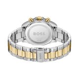 A two-tone stainless steel and gold watch shown from the back, featuring a silver-toned case back with the BOSS logo, gold-tone crown and pushers, and a matching two-tone metal link bracelet on a white background.