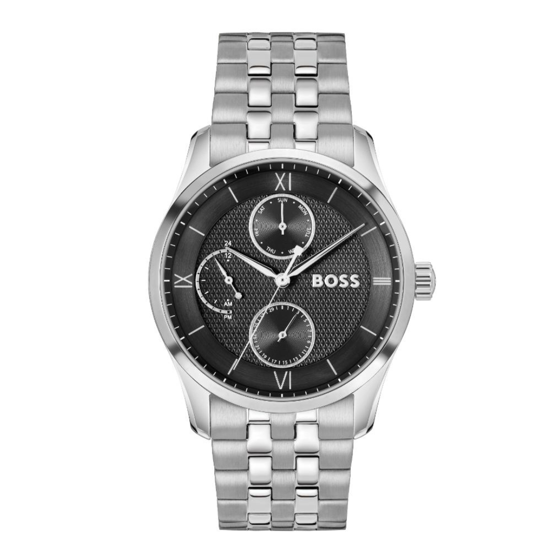 A Hugo Boss men's analog watch with a silver stainless steel link bracelet, a silver case, and a textured black dial featuring three sub-dials and Roman numeral hour markers.