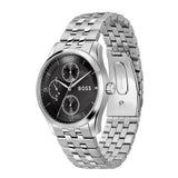 A Hugo Boss men's analog watch with a silver stainless steel link bracelet, a black dial with three subdials, and silver-tone case and clasp, shown on a plain white background.
