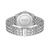 Silver stainless steel watch with a metal link bracelet, shown from the back. The round case and matching metal bracelet are engraved with the BOSS brand name.