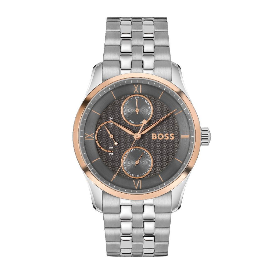 A Hugo Boss men's analog watch with a silver stainless steel link bracelet, a silver case, and a dark gray textured dial featuring rose gold accents, Roman numeral hour markers, and three sub-dials.