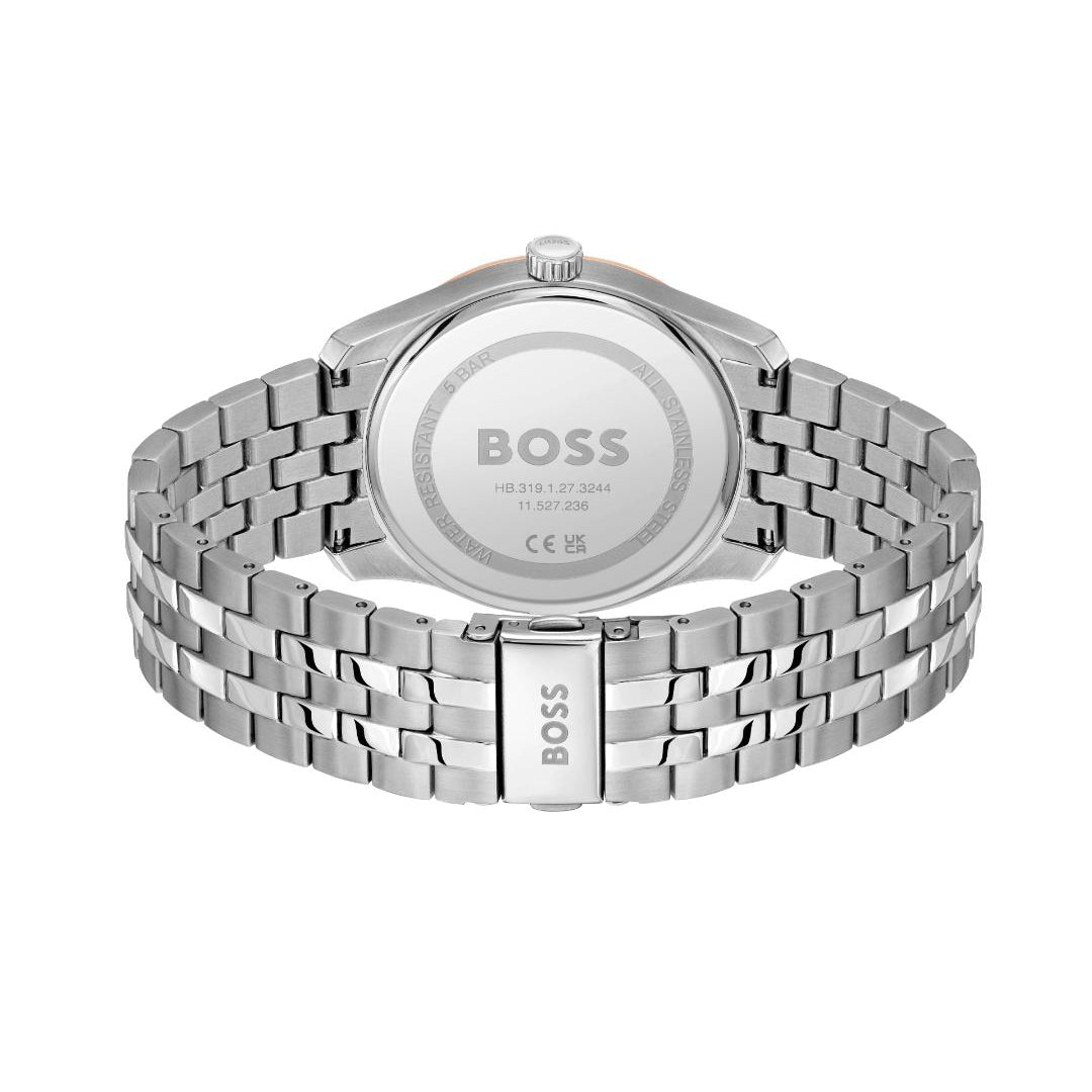 Silver stainless steel watch with a metal link bracelet, shown from the back. The round case and matching metal bracelet are engraved with the BOSS brand name.