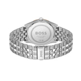 Silver stainless steel watch with a metal link bracelet, shown from the back. The round case and matching metal bracelet are engraved with the BOSS brand name.