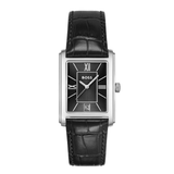 A Hugo Boss men's analog watch with a silver-tone rectangular case, black dial with white Roman numerals and hands, and a black alligator-textured leather strap, shown against a plain white background.