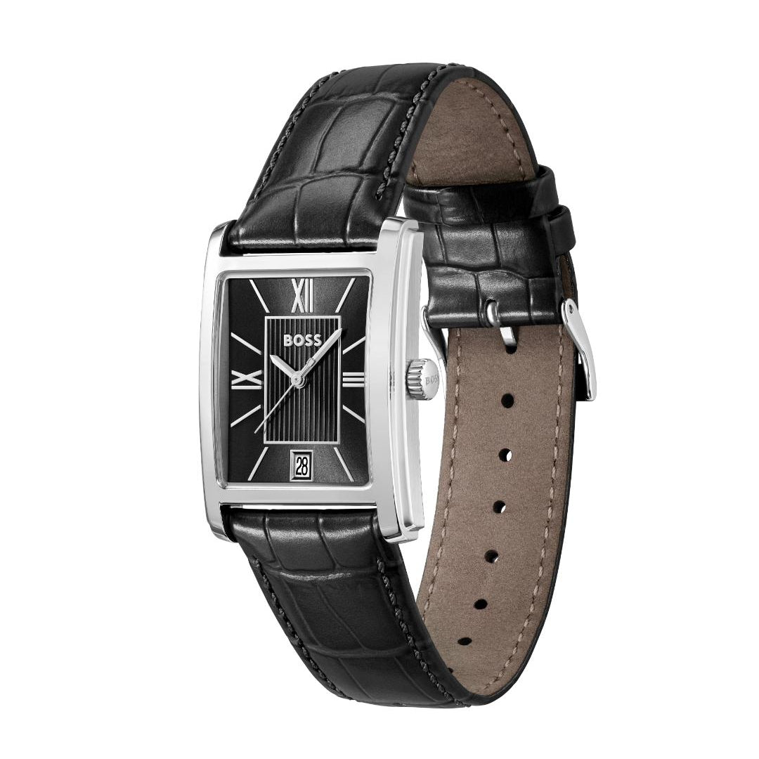 A Hugo Boss analog watch with a rectangular silver-tone case, black dial with Roman numerals, and a black alligator-textured leather strap with a brown interior, shown on a plain white background.