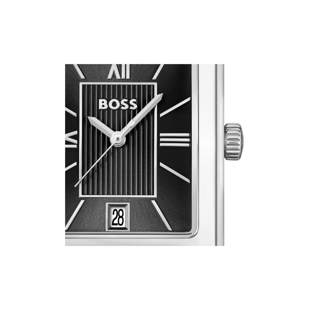 A close-up of a BOSS watch face with a black dial, silver-tone hands and markers, and a silver case edge on a white background.