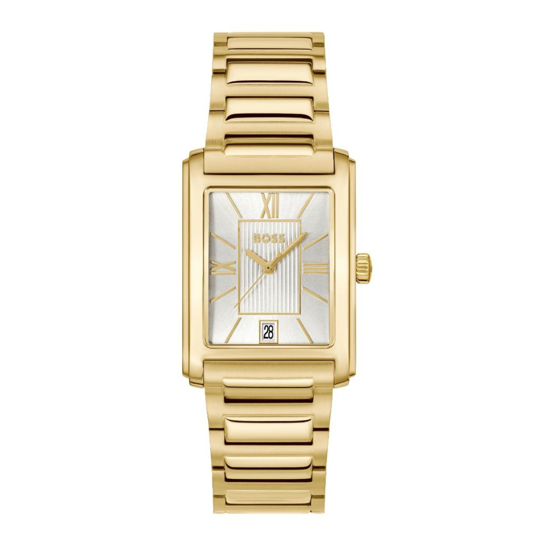 A gold-tone BOSS watch with a rectangular stainless steel case, a white dial with gold-tone Roman numerals and hands, and a matching gold-tone link bracelet, shown against a plain white background.