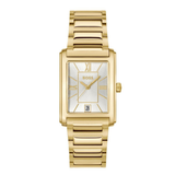 A gold-tone BOSS watch with a rectangular stainless steel case, a white dial with gold-tone Roman numerals and hands, and a matching gold-tone link bracelet, shown against a plain white background.