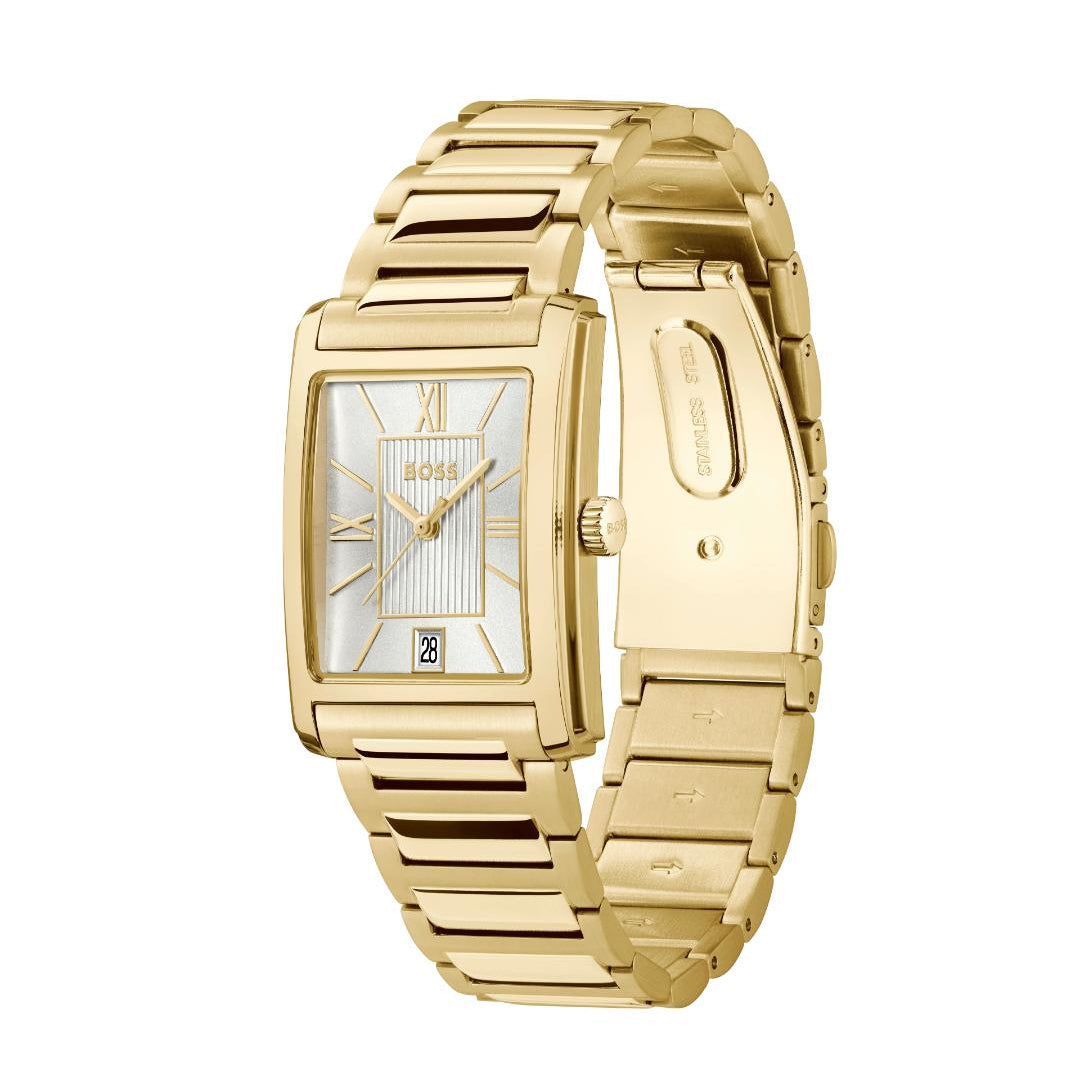 A gold-tone rectangular analog watch with a white dial and a matching gold-tone link bracelet, shown on a plain white background.