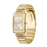 A gold-tone rectangular analog watch with a white dial and a matching gold-tone link bracelet, shown on a plain white background.
