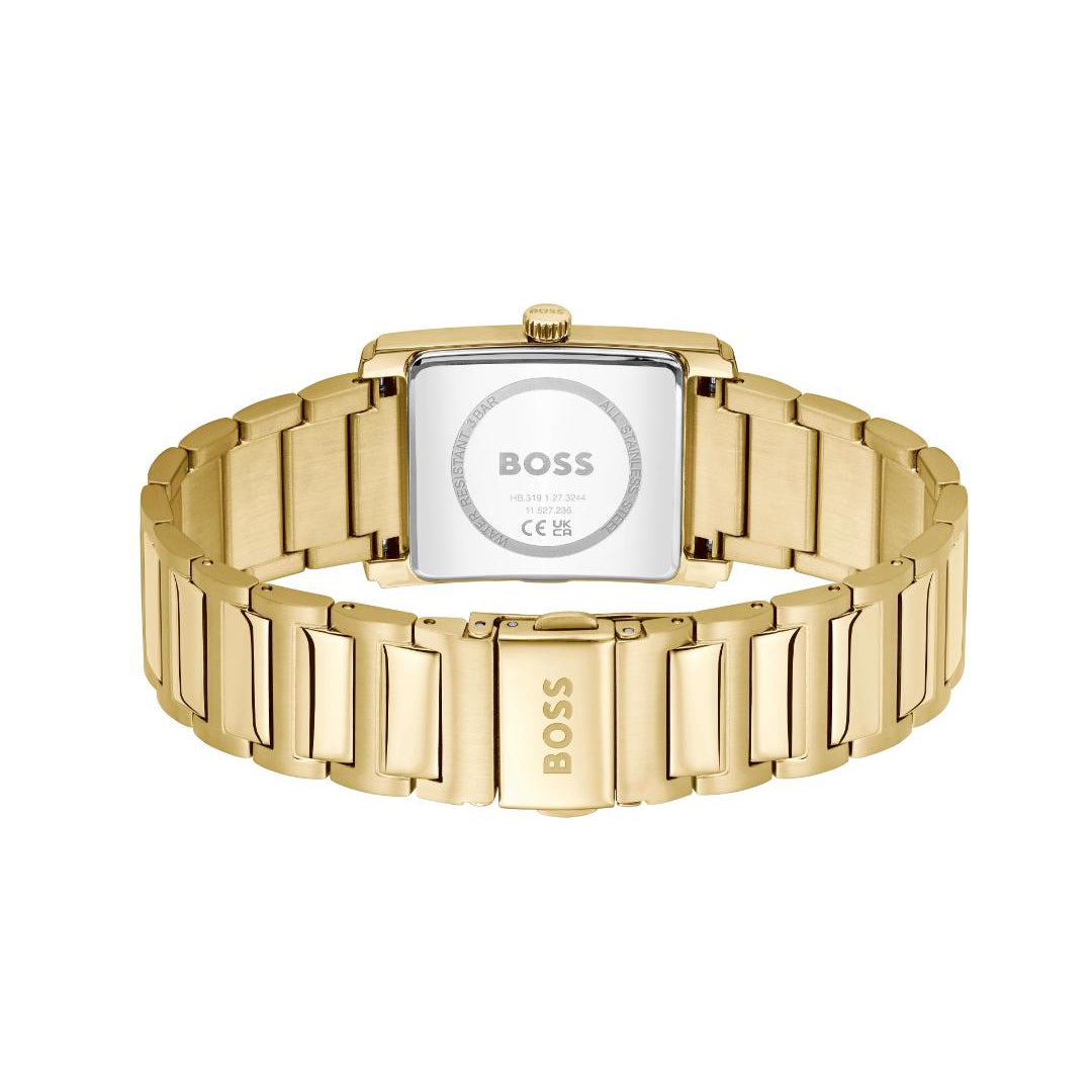 Gold-tone BOSS watch with a rectangular case and integrated metal link bracelet, shown from the back on a white background.