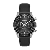 A Hugo Boss chronograph watch with a black leather strap, black dial, and silver-tone stainless steel case on a white background.