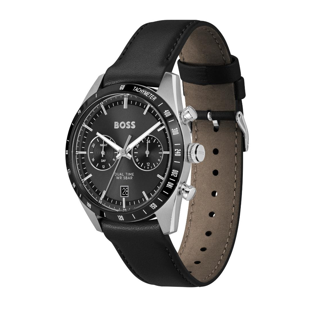 A Hugo Boss analog watch with a black leather strap, black dial, and silver-tone case, shown on a plain white background.