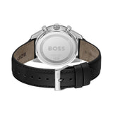 The back view of a Hugo Boss watch with a black leather strap and a silver-toned case, featuring the BOSS logo engraved on the back.