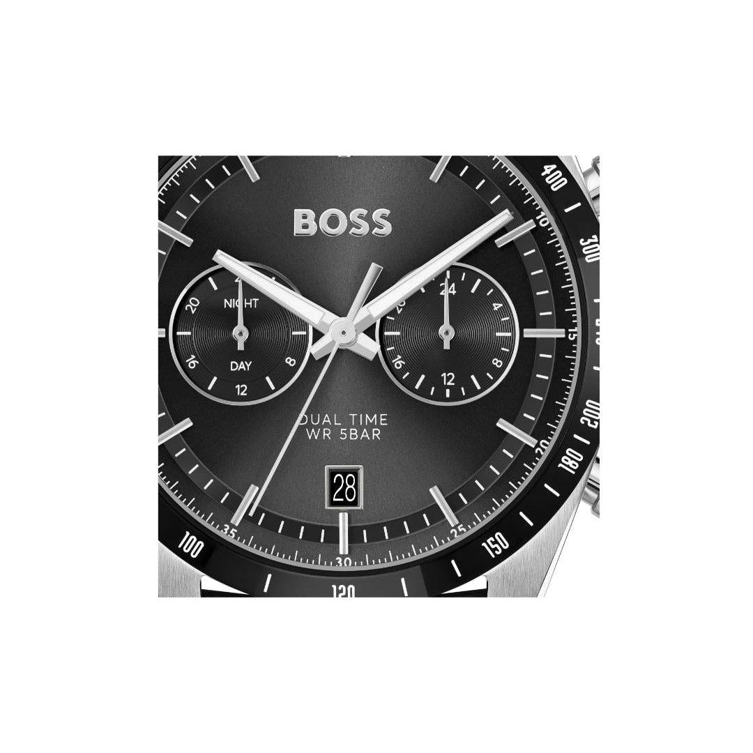 BOSS dual time wrist watch with a black dial, silver-tone case, and white hands, shown on a plain white background.