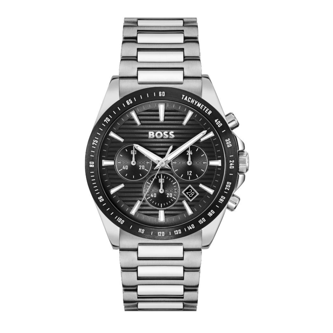 A BOSS men's stainless steel chronograph watch with a black textured dial, silver-tone case, and integrated link bracelet, shown against a plain white background.