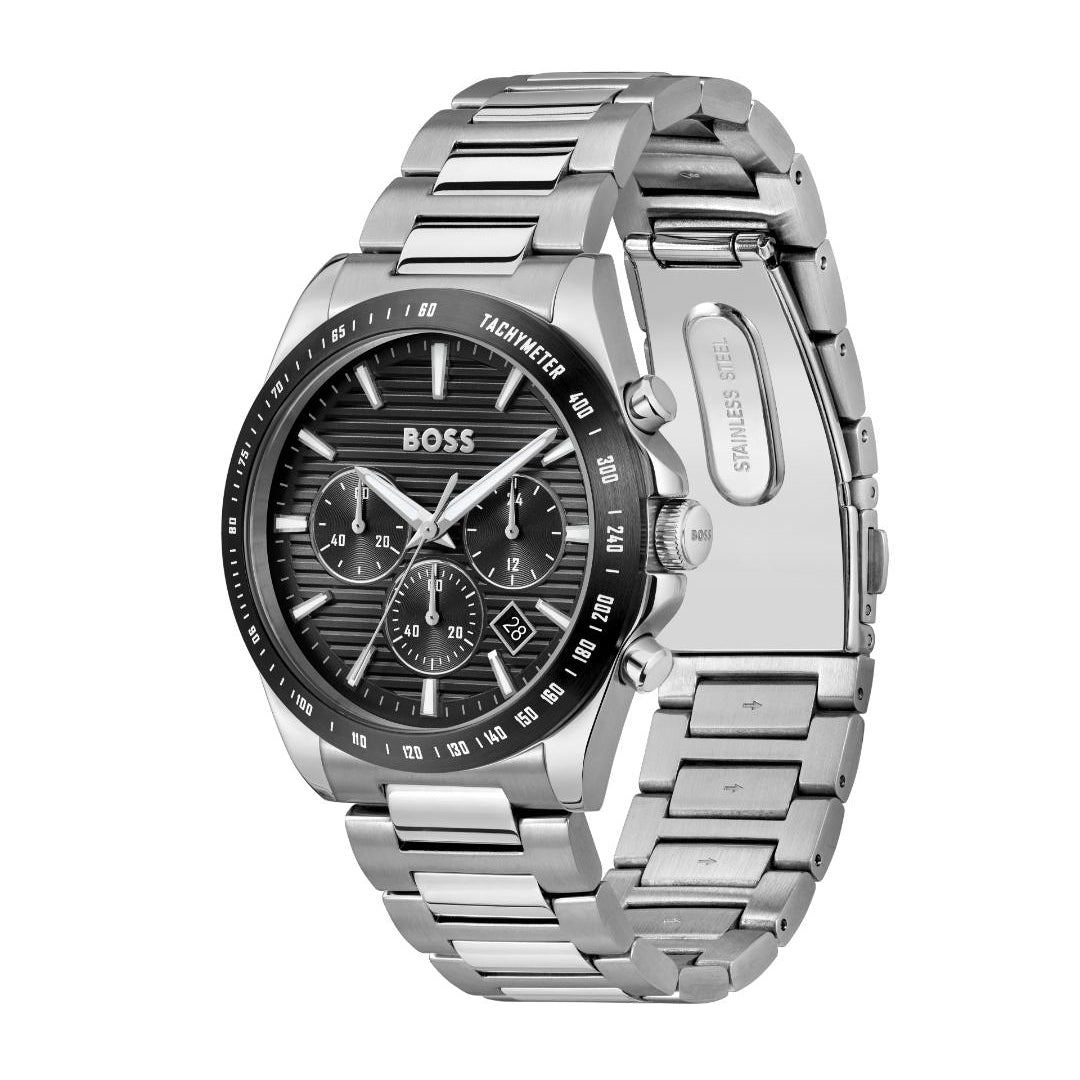 A Hugo Boss men's stainless steel chronograph watch with a black dial and silver link bracelet, shown on a plain white background.
