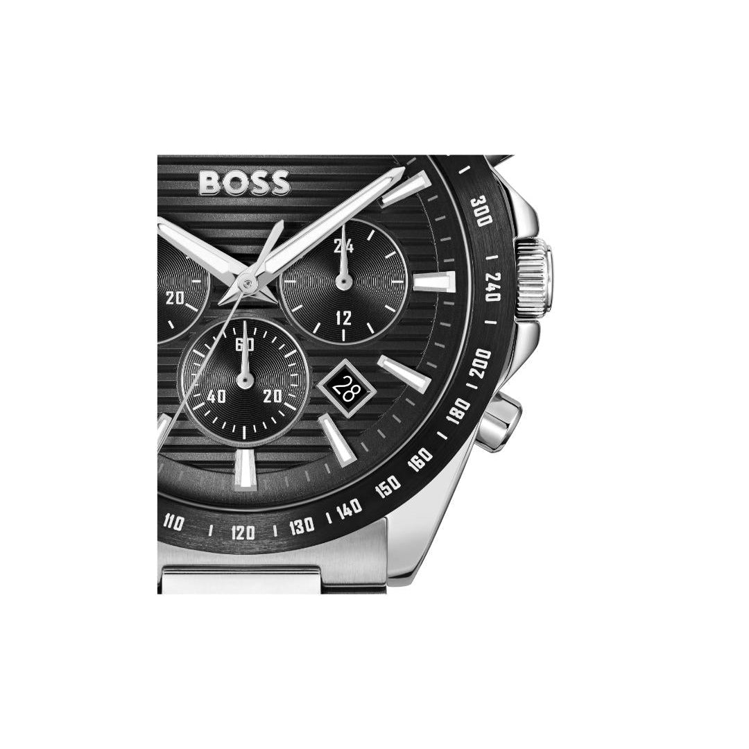 BOSS men's watch with a black dial, silver-tone stainless steel case, and integrated metal bracelet, shown on a plain white background.