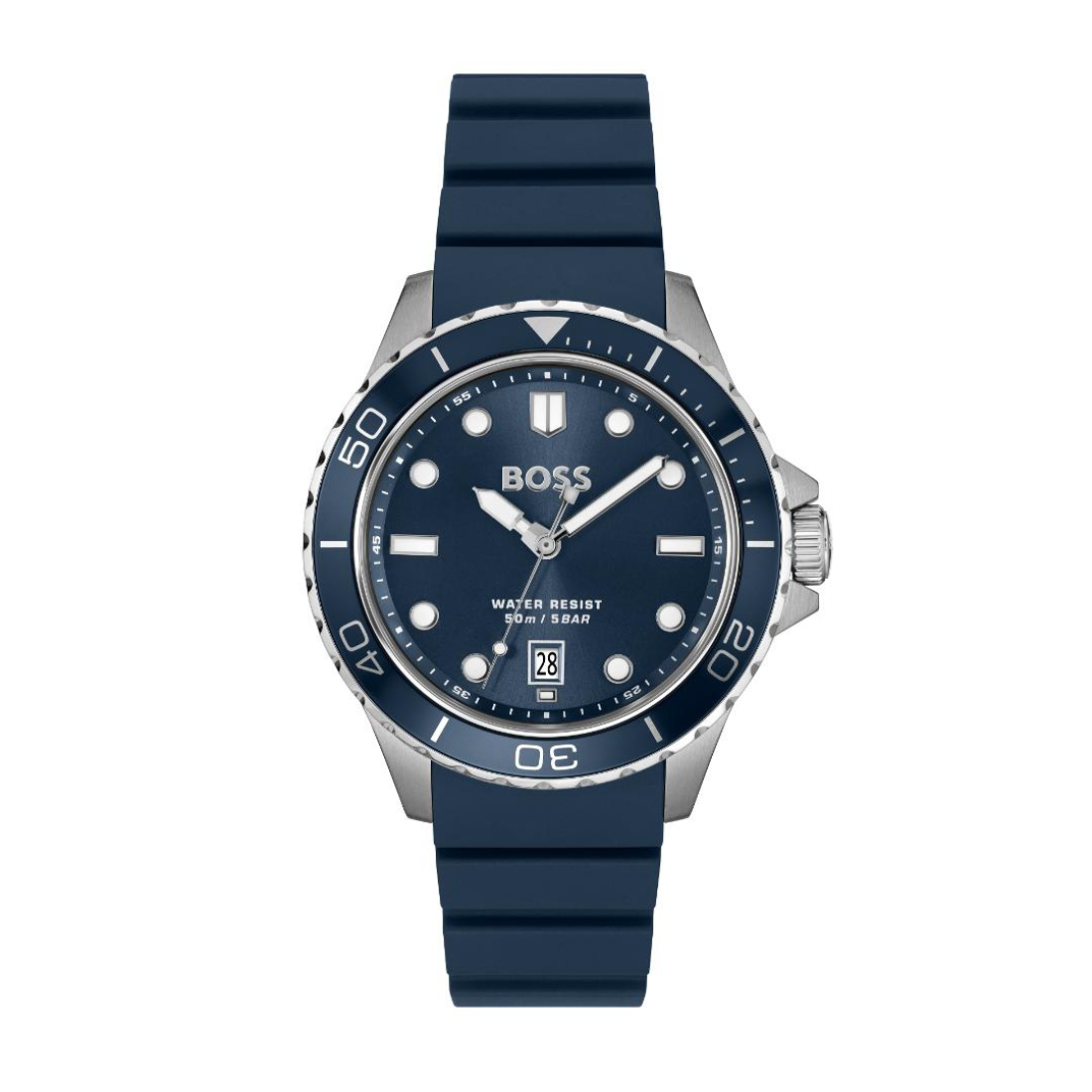 A Hugo Boss dive watch with a dark blue silicone strap, matching blue dial, and a silver stainless steel case with a rotating bezel.