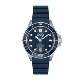 A Hugo Boss dive watch with a dark blue silicone strap, matching blue dial, and a silver stainless steel case with a rotating bezel.