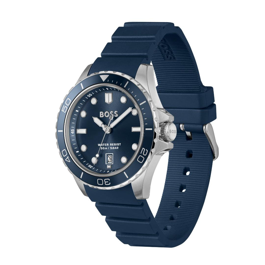 Hugo Boss men's watch featuring a dark blue dial, a matching blue silicone strap, and a silver-tone stainless steel case, shown on a plain white background.