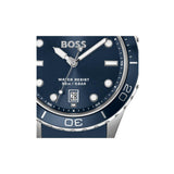 BOSS watch with a dark blue dial, silver-tone stainless steel case, and a matching blue bezel with white hour markers.