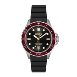 A Hugo Boss dive watch with a black strap, black dial, and a distinctive red bezel, shown against a plain white background.