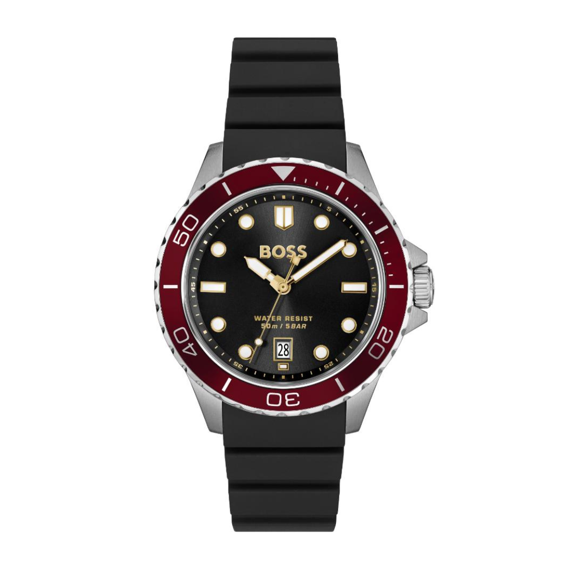 A Hugo Boss dive watch with a black strap, black dial, and a distinctive red bezel, shown against a plain white background.