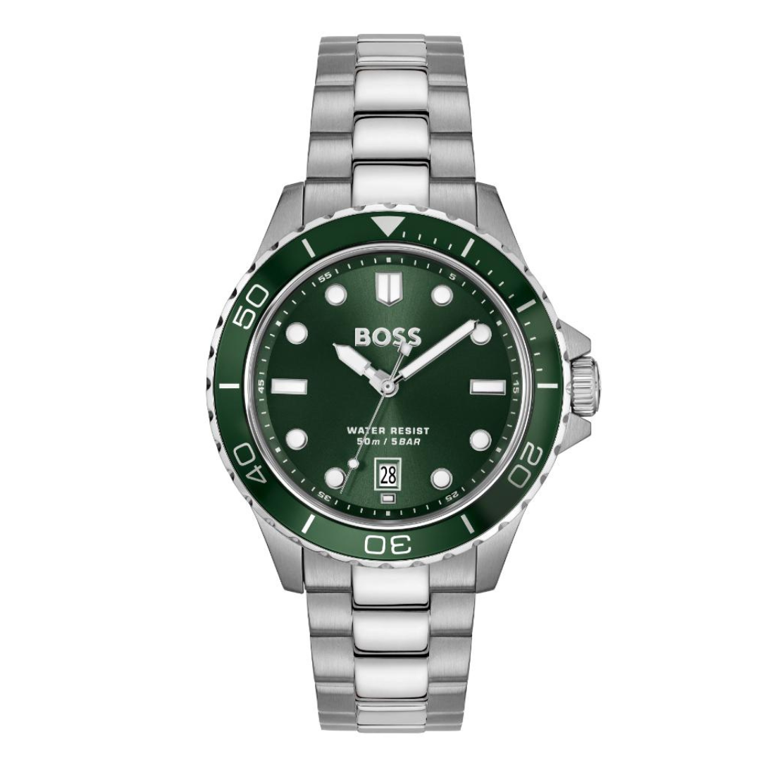 A Hugo Boss wristwatch with a silver stainless steel link bracelet, a green dial, and a green bezel with white markings, shown against a plain white background.
