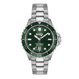 A Hugo Boss wristwatch with a silver stainless steel link bracelet, a green dial, and a green bezel with white markings, shown against a plain white background.