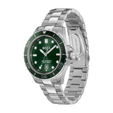 A Hugo Boss wrist watch with a silver stainless steel link bracelet, featuring a dark green dial and bezel.