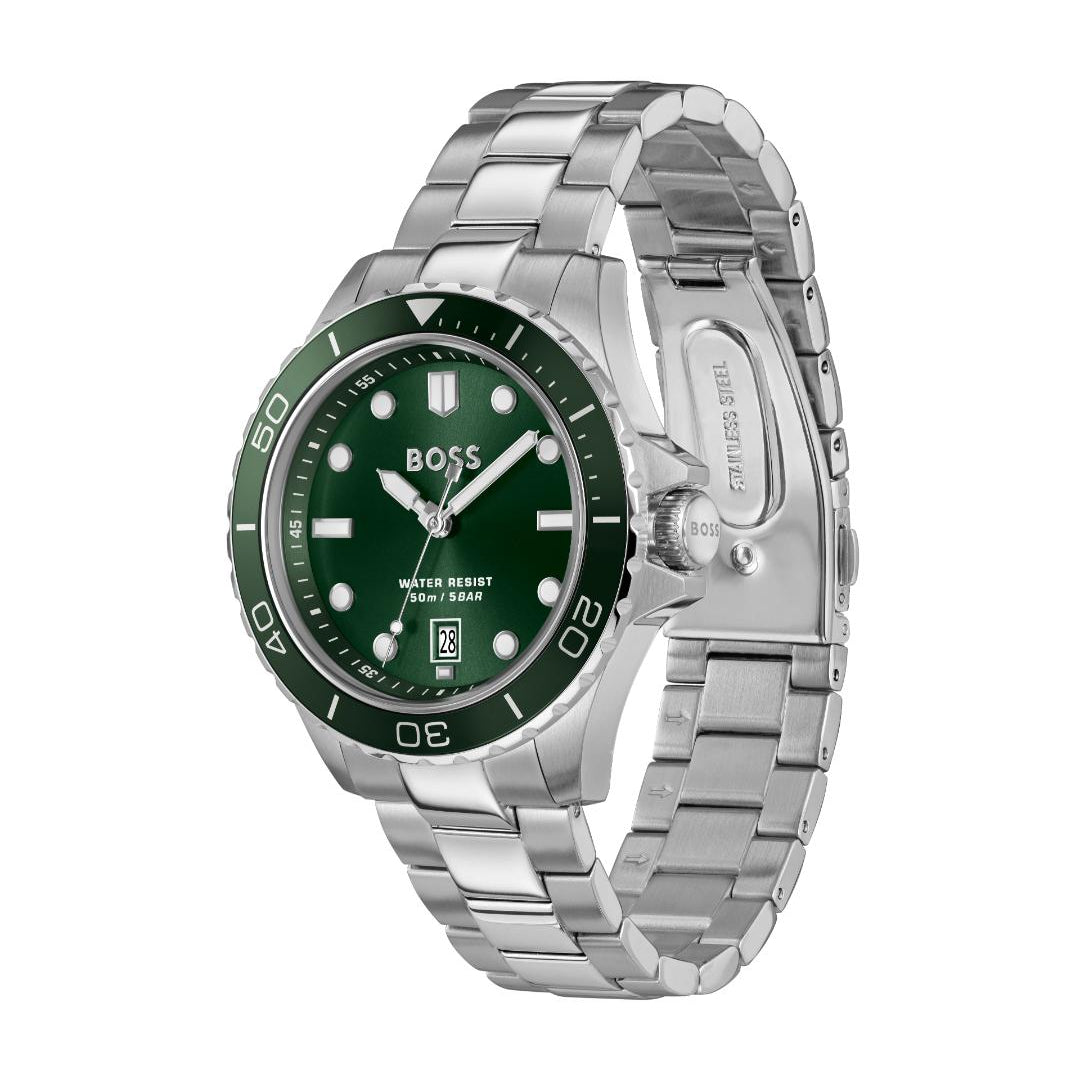 A Hugo Boss wrist watch with a silver stainless steel link bracelet, featuring a dark green dial and bezel.