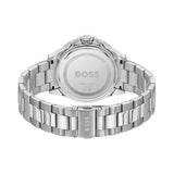Silver watch with 'BOSS' branding on a white background