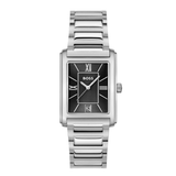 A Hugo Boss men's analog watch with a silver stainless steel link bracelet, a silver-toned rectangular case, and a black dial featuring Roman numeral hour markers and a central logo.