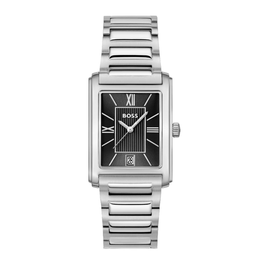 A Hugo Boss men's analog watch with a silver stainless steel link bracelet, a silver-toned rectangular case, and a black dial featuring Roman numeral hour markers and a central logo.