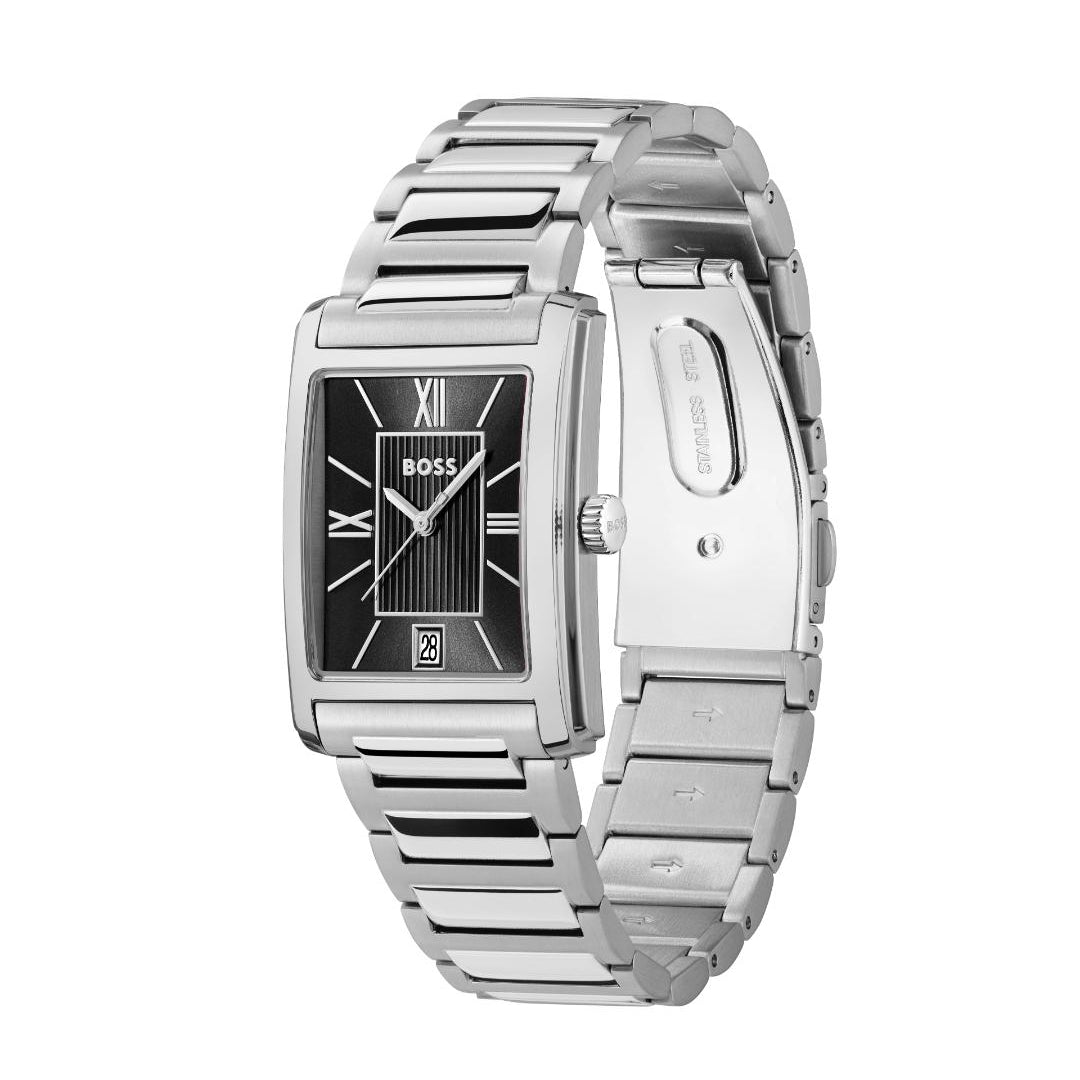 A Hugo Boss men's analog watch with a silver stainless steel link bracelet, a rectangular silver case, and a black dial with silver-tone Roman numerals and hands.