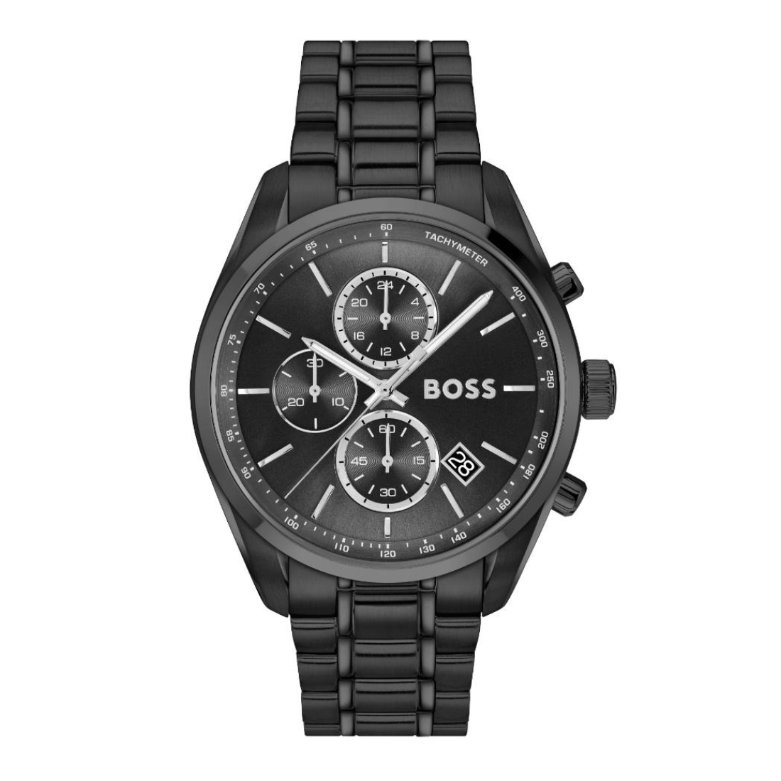 A BOSS chronograph watch with a black metal case and link bracelet, featuring a black dial with silver-tone hands, indices, and the BOSS logo.