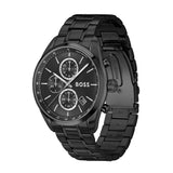 A BOSS watch with a black stainless steel case and link bracelet, featuring a black dial with silver-tone subdials and hands.