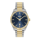 A Hugo Boss men's watch with a two-tone stainless steel and gold-tone link bracelet, featuring a dark blue dial, gold-tone hands and markers, and a fluted bezel.