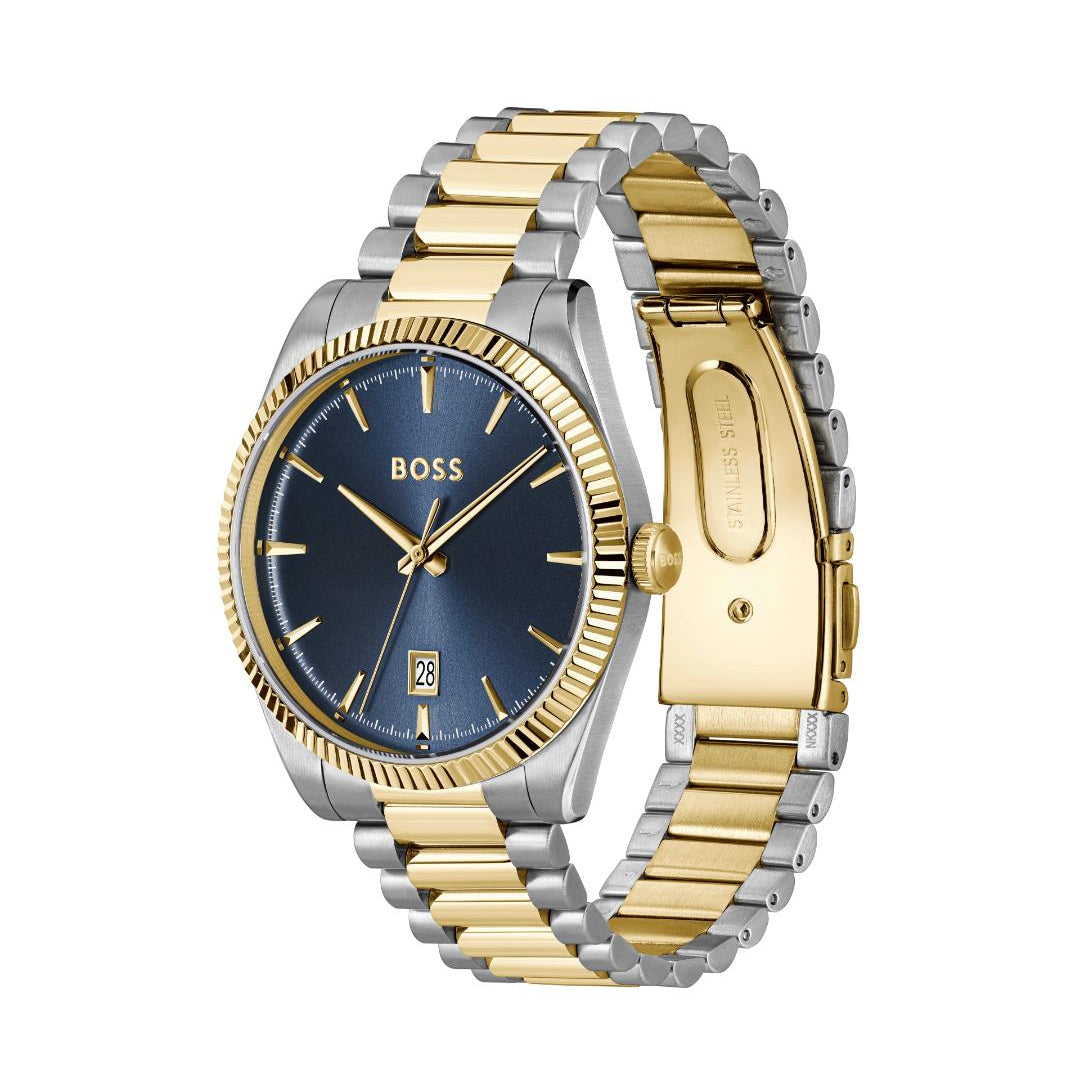 A two-tone BOSS watch with a blue dial, gold-tone markers and hands, and a silver and gold link bracelet, shown on a plain white background.