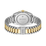 A two-tone stainless steel watch by BOSS, shown from the back with its metal link bracelet and silver-toned case back visible against a white background.