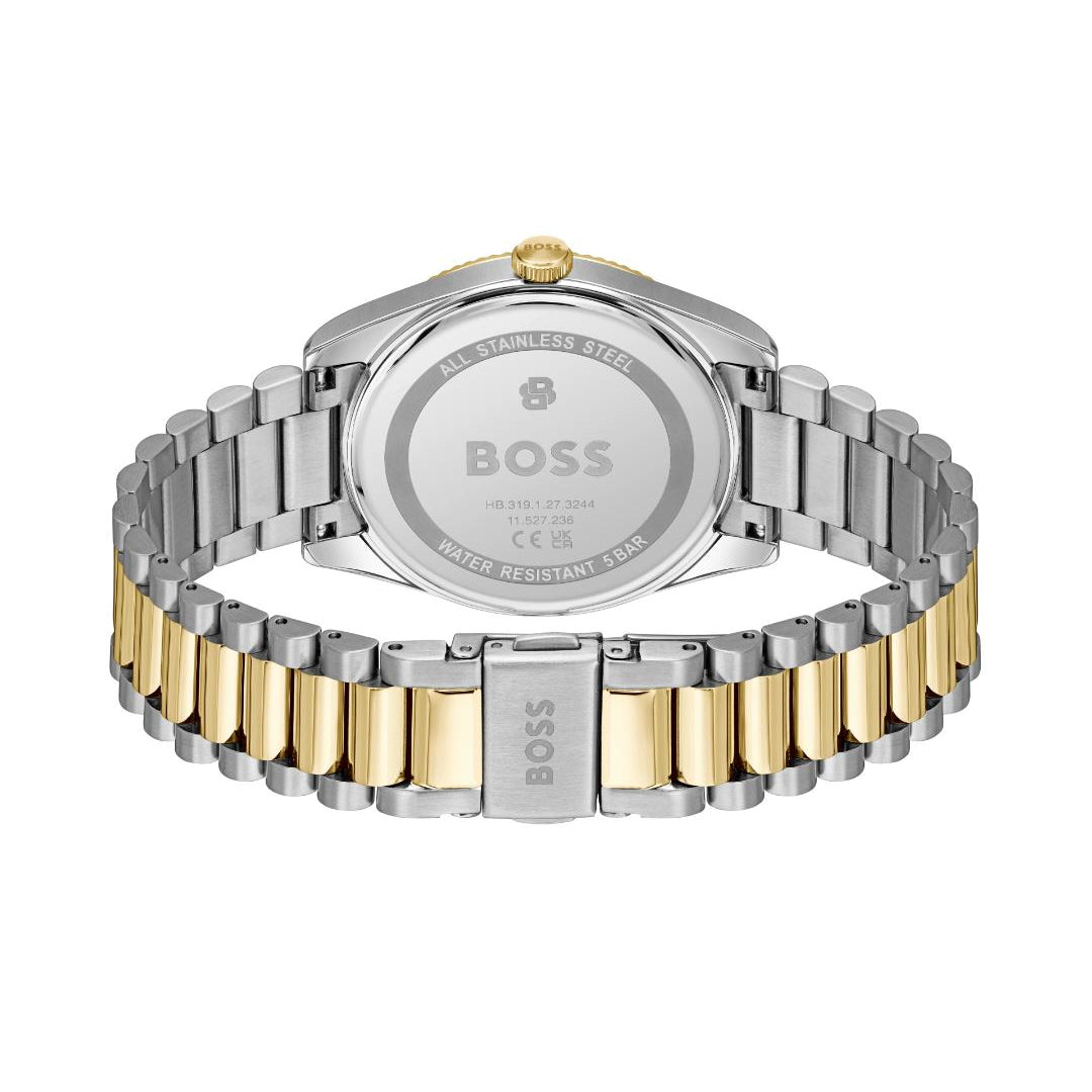A two-tone stainless steel watch by BOSS, shown from the back with its metal link bracelet and silver-toned case back visible against a white background.