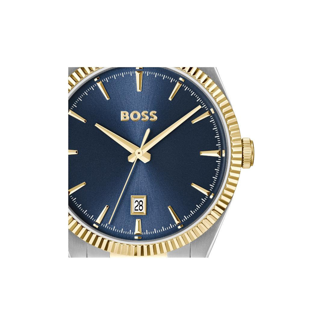 BOSS men's watch featuring a navy blue dial, gold-tone hands and markers, a silver-tone case, and a distinctive fluted gold-tone bezel.