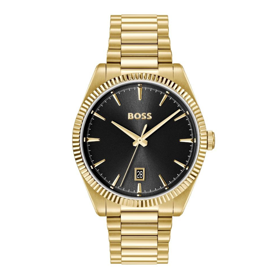 A gold-tone stainless steel wristwatch with a black dial, gold-tone bezel, and gold-tone link bracelet, featuring the BOSS logo on the dial.