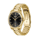 A gold-tone stainless steel watch with a black dial and a matching gold-tone link bracelet, shown on a plain white background. The BOSS logo is visible on the dial.